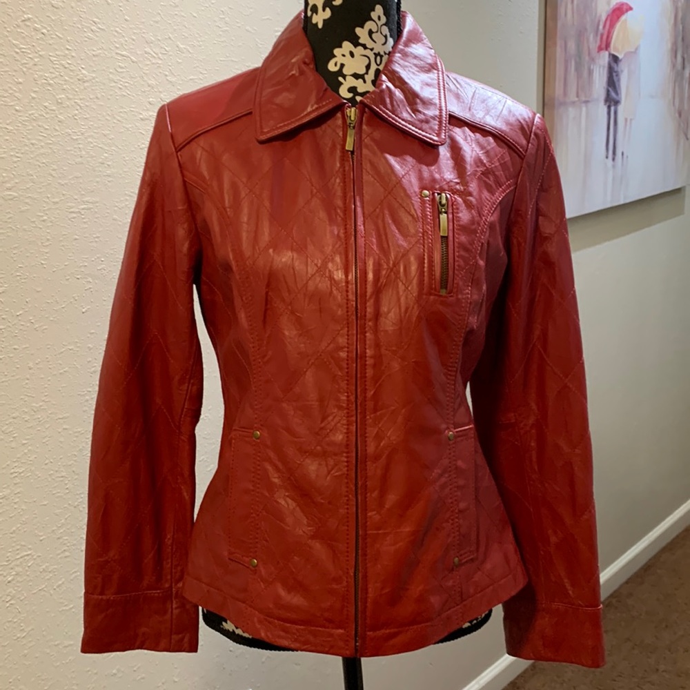 COPY - COPY - COPY - Chico’s Red Leather Coat  Size1  Fully lined   one pull (s…